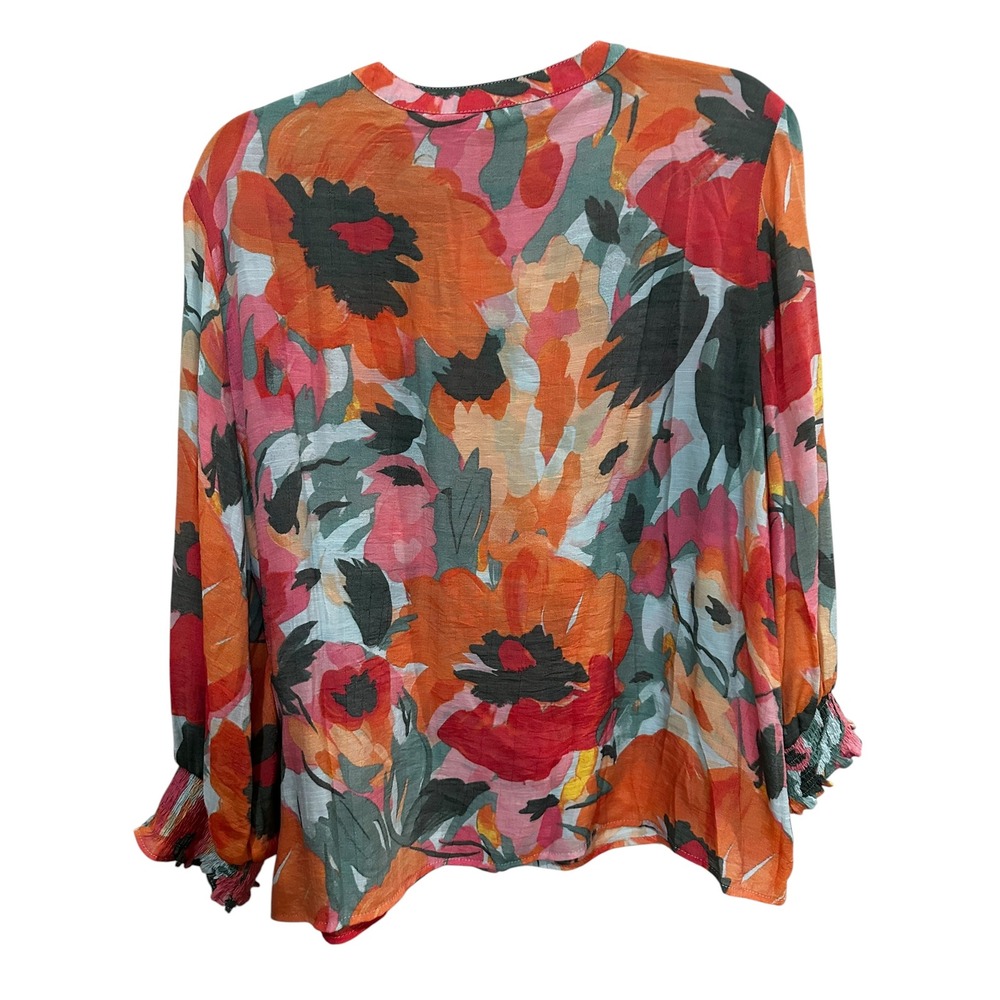 Hope & Harlow Floral Blouse XL Orange Pink Teal Poppy Print Smocked Cuff Top - Picture 5 of 5